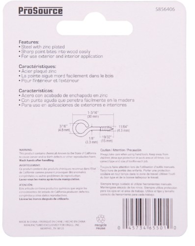 LR-225-PS Screw Eye, 3.3 mm Dia Wire, 4.3 mm Thread, 19/32 in L Thread, 1-3/16 in OAL, 57 lb Working Load, 10 Pack
