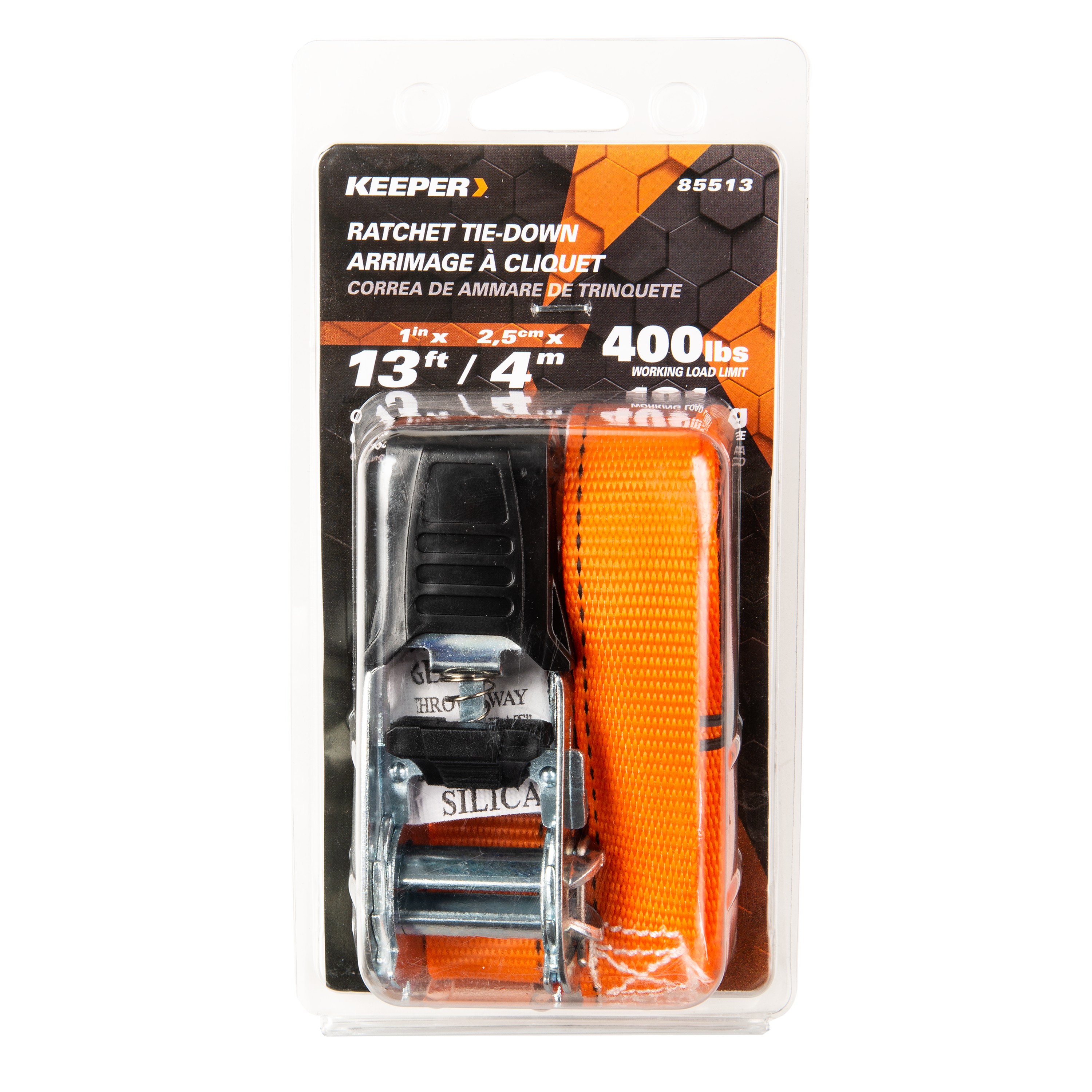 85513 Tie-Down, 1 in W, 13 ft L, Orange, 400 lb, S-Hook End Fitting