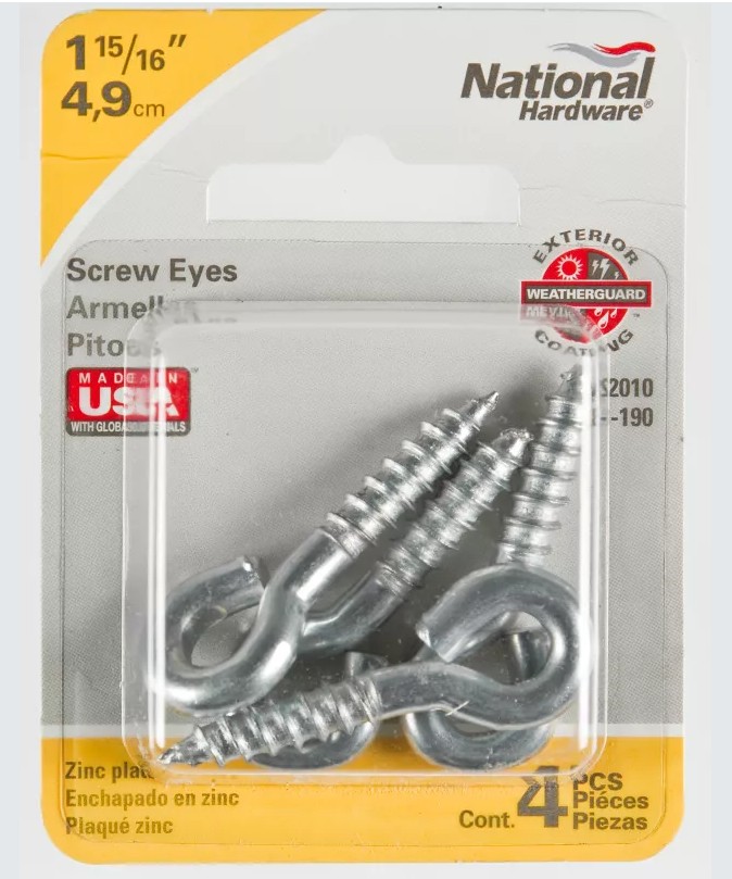 N118-190 Screw Eye, #204, 0.216 in Dia Wire, 0.94 in L Thread, 1.94 in OAL, 95 lb Working Load, Steel, 4 Pack