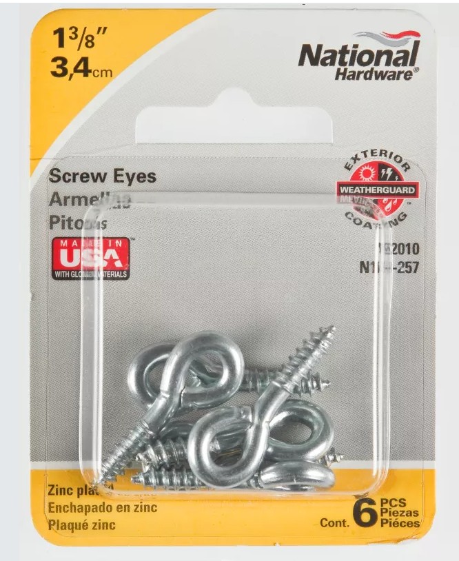 N118-257 Screw Eye, #208, 0.159 in Dia Wire, 0.6 in L Thread, 1.38 in OAL, 50 lb Working Load, Steel, 6 Pack
