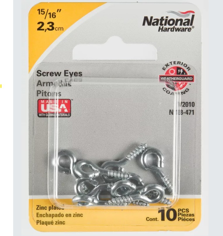 N118-471 Screw Eye, #212, 0.105 in Dia Wire, 0.44 in L Thread, 0.94 in OAL, 20 lb Working Load, Steel, 10 Pack