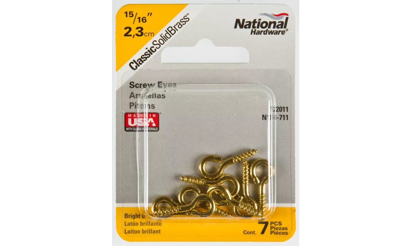 N118-711 Screw Eye, #212, 0.105 in Dia Wire, 0.44 in L Thread, 15/16 in OAL, Brass, 7 Pack