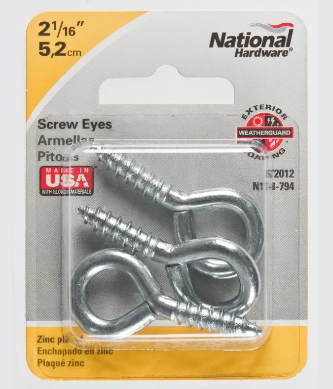 N118-794 Screw Eye, #104, 0.216 in Dia Wire, 0.94 in L Thread, 2.06 in OAL, 75 lb Working Load, Steel, 3 Pack