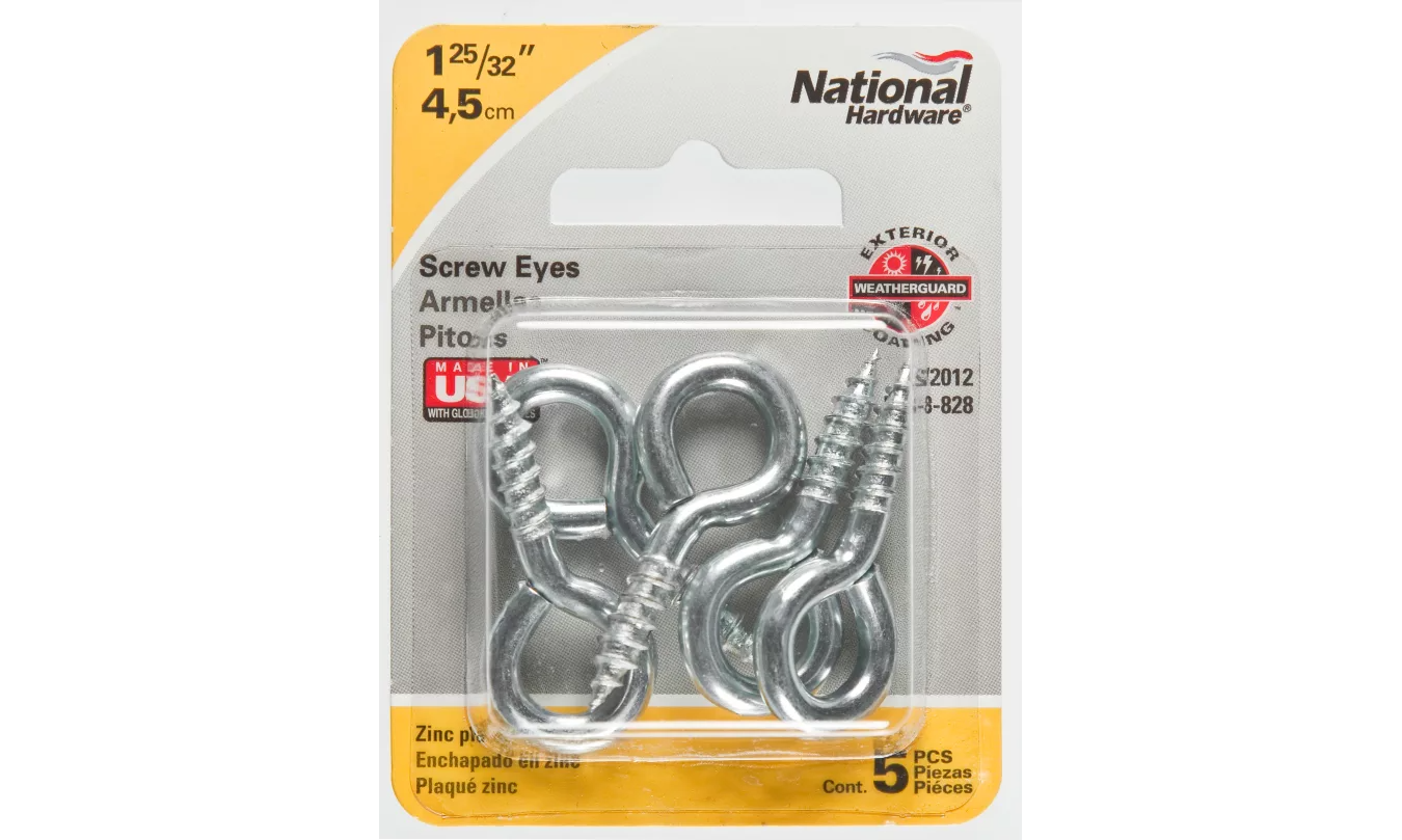 N118-828 Screw Eye, #106, 0.19 in Dia Wire, 0.73 in L Thread, 1.79 in OAL, 50 lb Working Load, Steel, 5 Pack