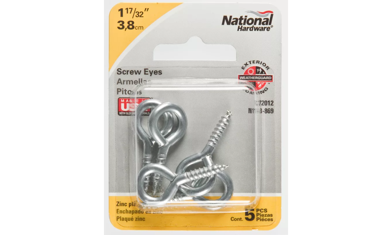 N118-869 Screw Eye, #108, 0.159 in Dia Wire, 0.69 in L Thread, 1.54 in OAL, 30 lb Working Load, Steel, 5 Pack