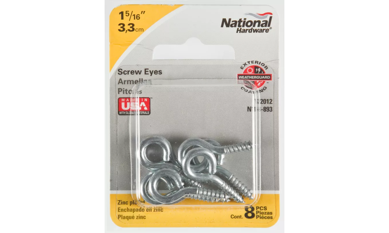 N118-893 Screw Eye, #110, 0.136 in Dia Wire, 0.56 in L Thread, 1.32 in OAL, 30 lb Working Load, Steel, 8 Pack