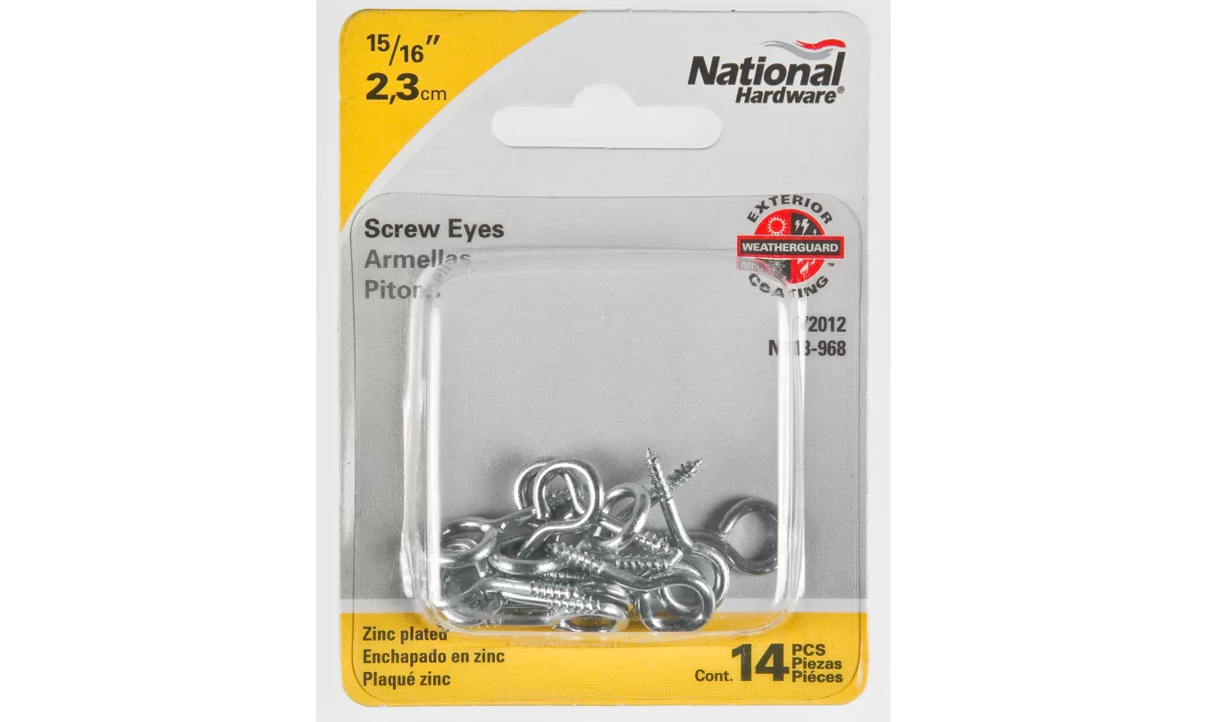 N118-968 Screw Eye, #114, 0.08 in Dia Wire, 0.31 in L Thread, 0.95 in OAL, 5 lb Working Load, Steel, 14 Pack