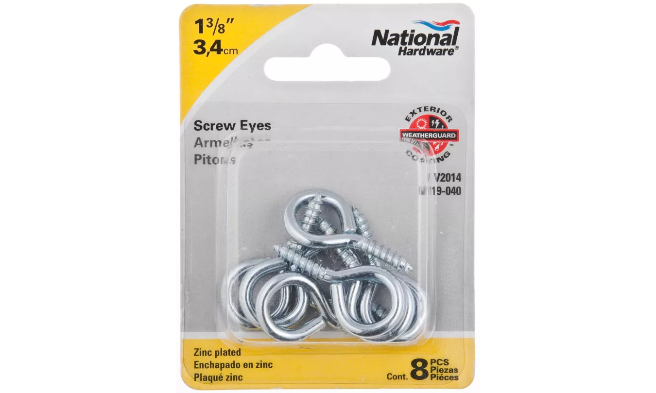 N119-040 Screw Eye, #10, 0.56 in L Thread, 1.38 in OAL, 25 lb Working Load, Steel, Zinc, 8 Pack