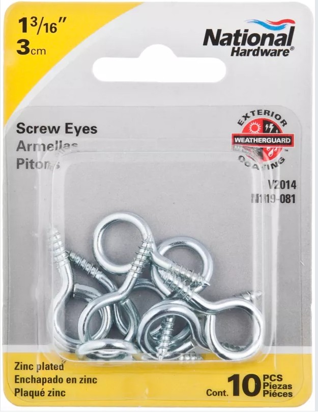 N119-081 Screw Eye, #12, 0.44 in L Thread, 1.19 in OAL, 10 lb Working Load, Steel, Zinc, 10 Pack