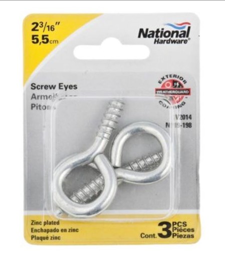 N119-198 Screw Eye, #4, 0.94 in L Thread, 2.19 in OAL, 65 lb Working Load, Steel, Zinc, 3/PK