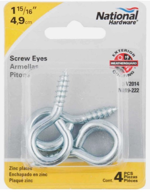 N119-222 Screw Eye, #6, 3/4 in L Thread, 1.94 in OAL, 50 lb Working Load, Steel, Zinc, 4 Pack