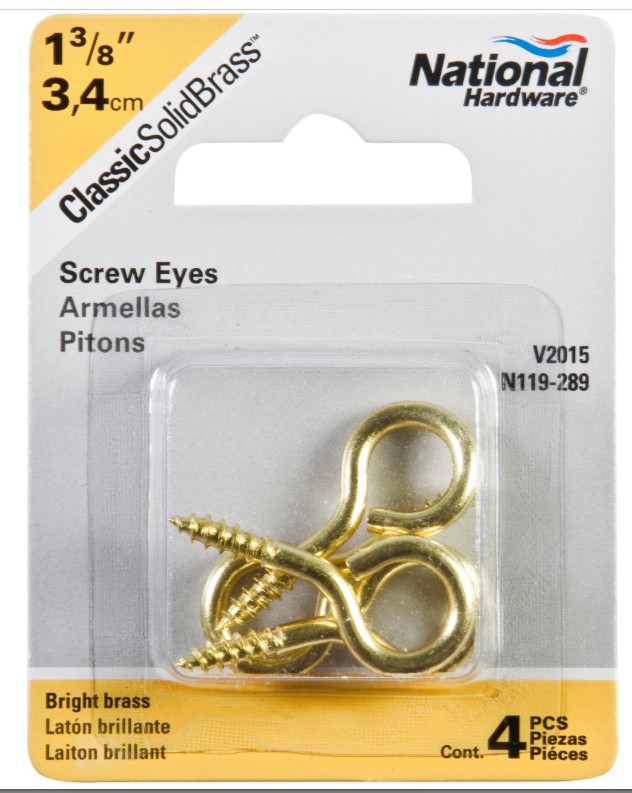N119-289 Screw Eye, #10, 3/16 in L Thread, 1-3/8 in OAL, Brass, 4 Pack