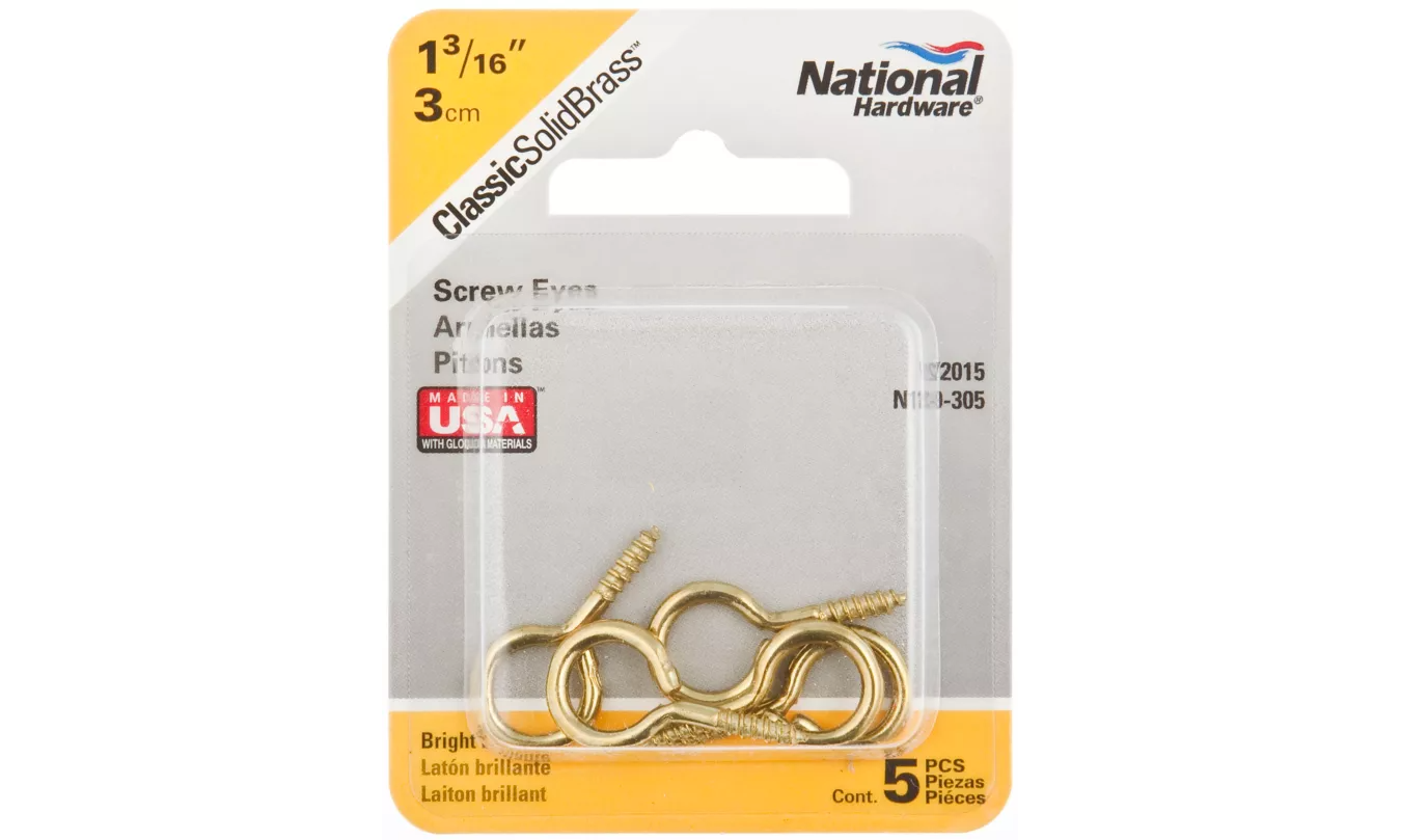 N119-305 Screw Eye, #12, 3/8 in L Thread, 1-3/16 in OAL, Brass, 5 Pack
