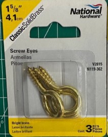 N119-362 Screw Eye, #8, 1/2 in L Thread, 1-5/8 in OAL, Brass, 3 Pack