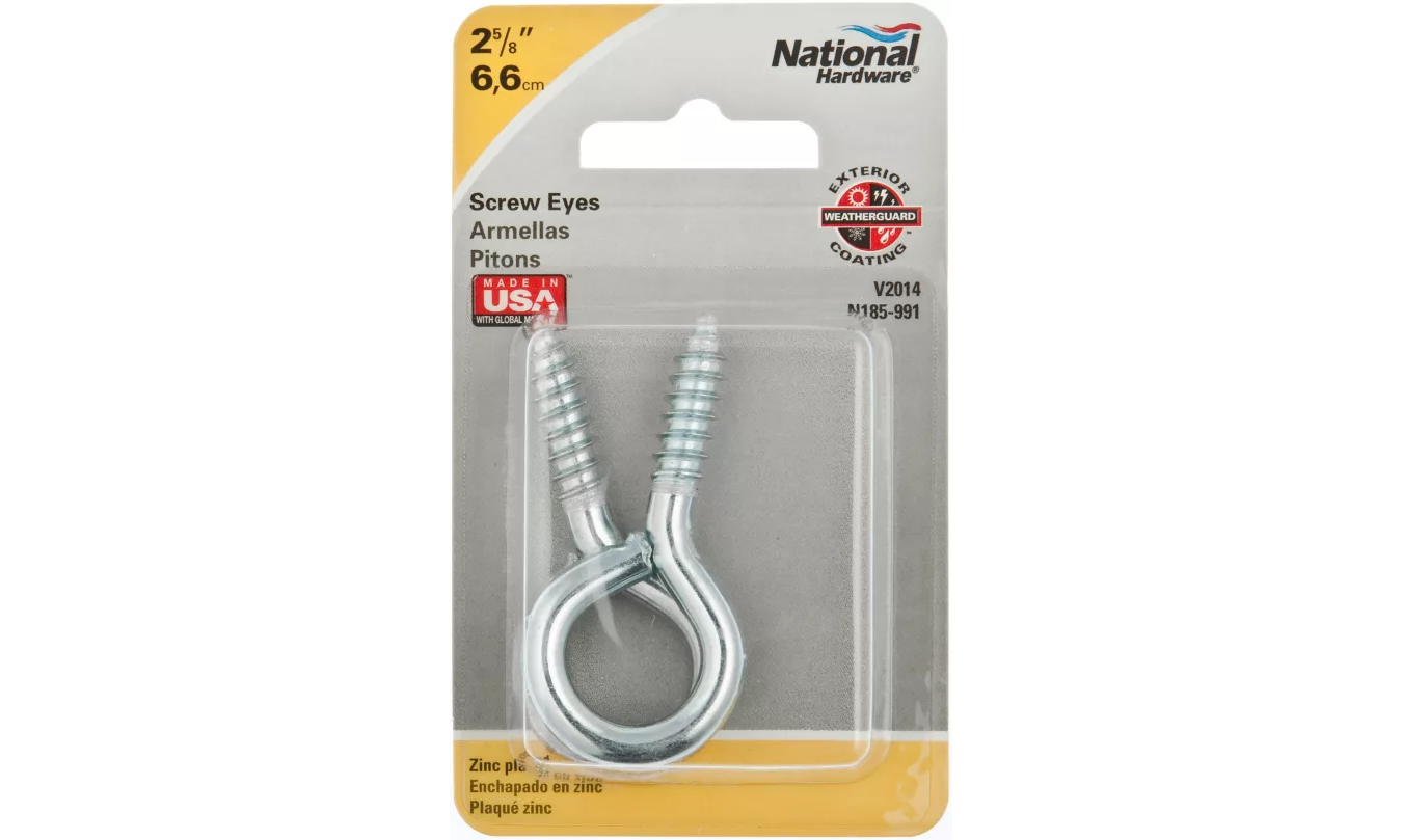 N185-991 Screw Eye, #2, 1.12 in L Thread, 2.62 in OAL, 115 lb Working Load, Steel, Zinc, 2 Pack