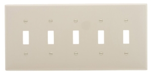 PJ5LA Switch Wallplate, 4.87 in L, 10.37 in W, 5-Gang, Polycarbonate, Light Almond, High-Gloss