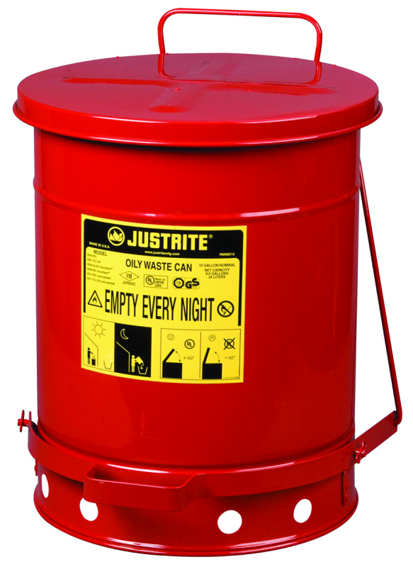 09300 Oily Waste Can, 10 gal Can, Steel, Red, Foot-Operated Self-Closing, 13.938 in Dia, 18-1/4 in H