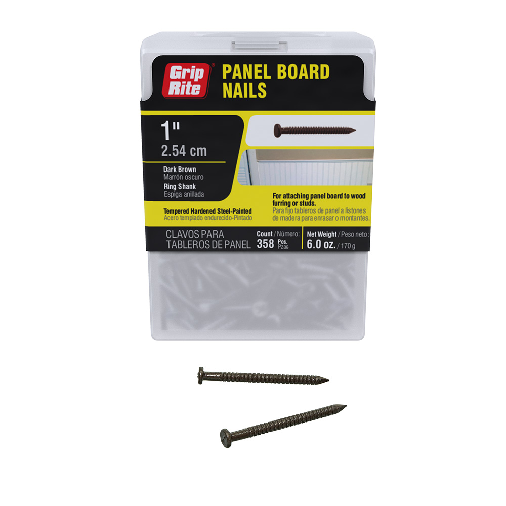 1PBDBR Panel Board Nail, 16D, 1 in L, Steel, Vinyl-Coated, Ring Shank, Dark Brown, 6 oz