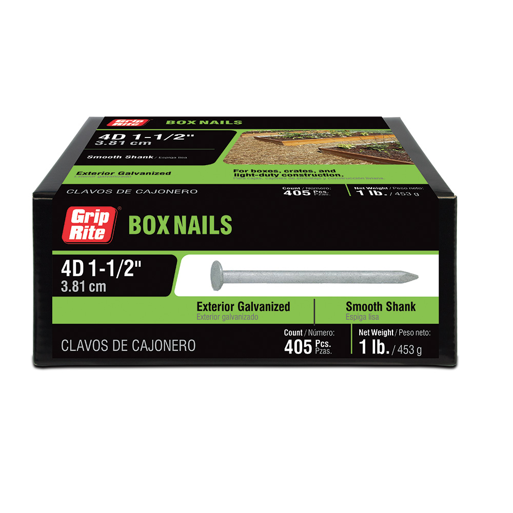 4HGBX1 Box Nail, 4D, 1-1/2 in L, Steel, Galvanized, Flat Head, Smooth Shank, Gray, 1 lb