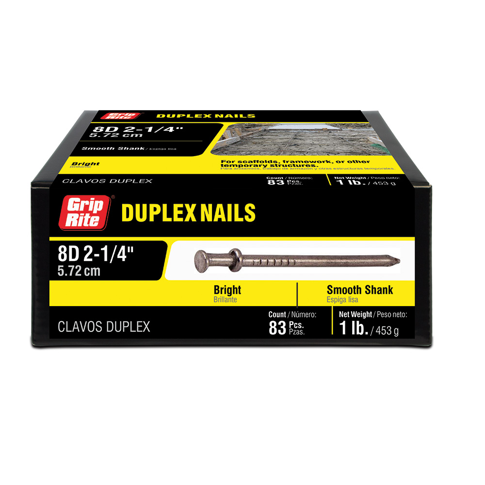 8DUP1 Duplex Nail, 8D, 2-1/4 in L, Steel, Bright, Double Head, Smooth Shank, Silver, 1 lb
