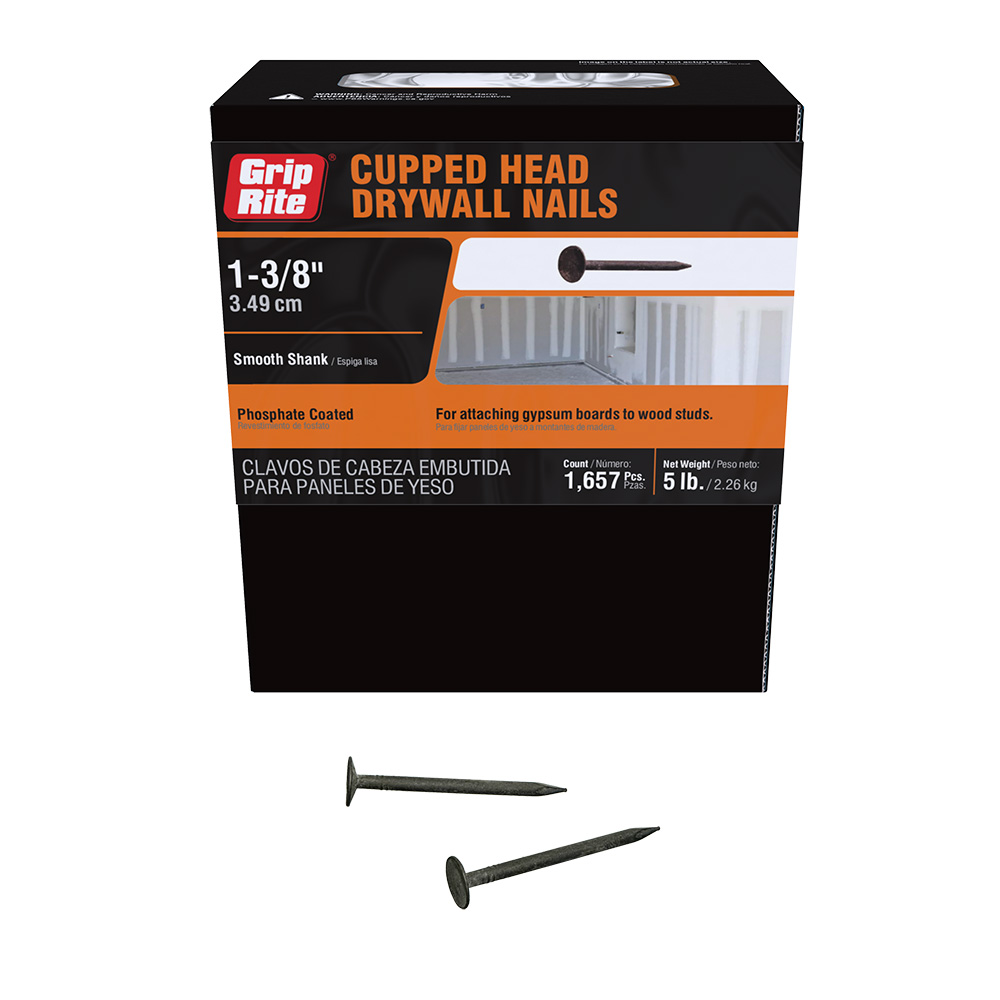 138PCDW5 Drywall Nail, 1-3/8 in L, Steel, Black Phosphate, Cupped Head, Smooth Shank, Gray, 5 lb