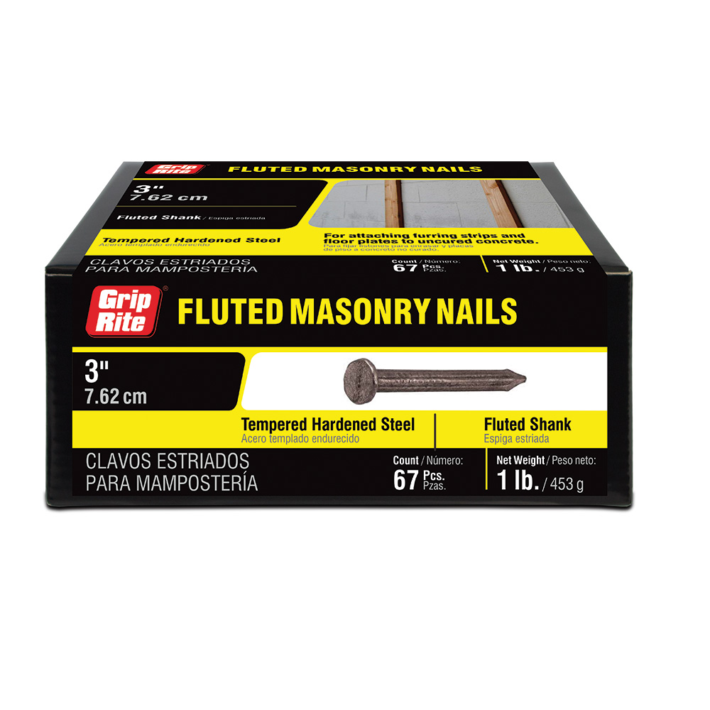 3TFMAS1 Concrete Nail, Concrete Nails, 10D, 3 in L, Steel, Tempered Hardened, Flat Head, Fluted Shank, 1 lb