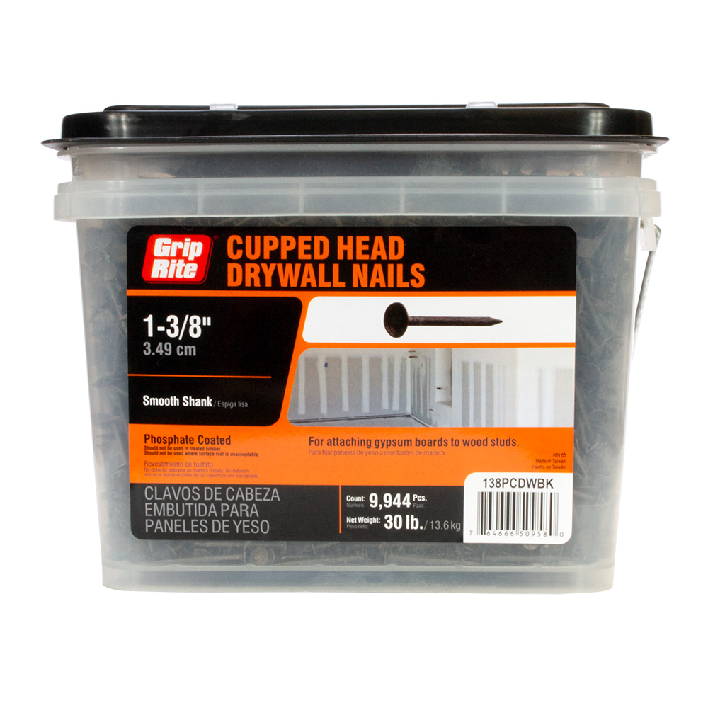 138PCDWBK Drywall Nail, 1-3/8 in L, Steel, Phosphate-Coated, Cupped Saucer Head, Smooth Shank, Silver, 30 lb