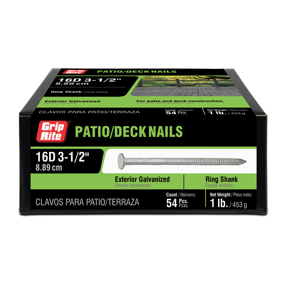 16HGRSPD1 Patio/Deck Nail, 16D, 3-1/2 in L, Steel, Hot-Dipped Galvanized, Checkered Head, Ring Shank, 1 lb