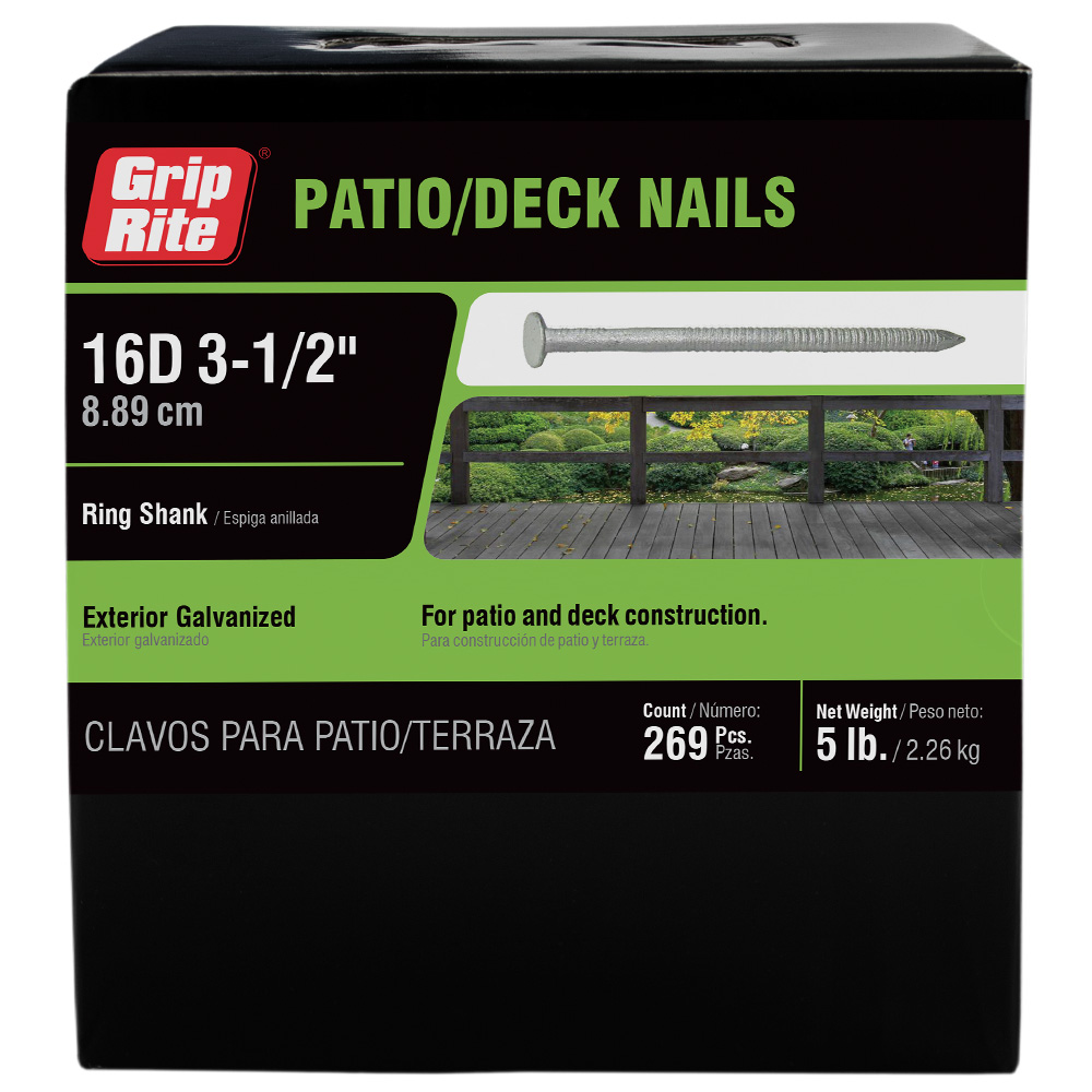 16HGRSPD5 Patio/Deck Nail, 16D, 3-1/2 in L, Steel, Hot-Dipped Galvanized, Checkered Head, Ring Shank, 5 lb