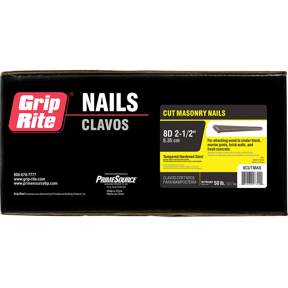 8CUTMAS Cut Nail, Concrete Cut Nails, 8D, 2-1/2 in L, Steel, Tempered Hardened, Tapered Shank, Yellow, 50 lb
