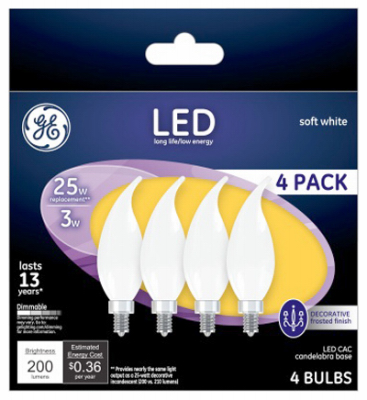 37319 LED Bulb, Decorative, CAC Lamp, E12 Lamp Base, Dimmable, Frosted, Soft White Light