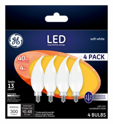 37418 LED Bulb, Decorative, CAC Lamp, 40 W Equivalent, E12 Lamp Base, Dimmable, Frosted
