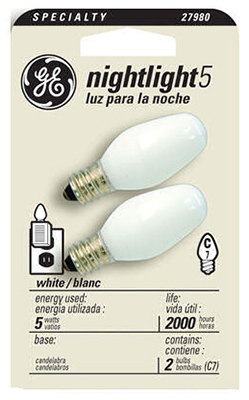 27980 Night Light Bulb, 5 W, E12 Candelabra Lamp Base, C7 Lamp, White Light