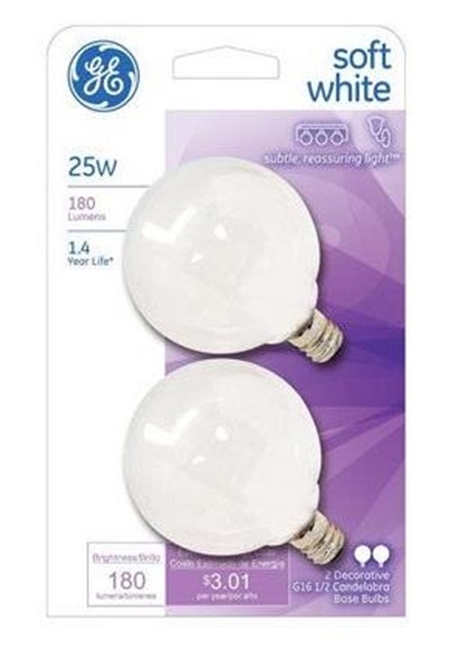 44412 Light Bulb, 25 W, G16.5 Lamp, E12 Candelabra Lamp Base, 180 Lumens, 2500 K Color Temp, Soft White Light