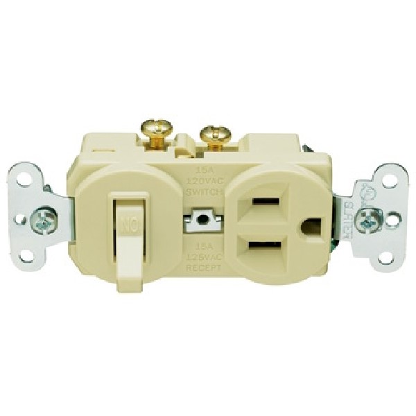 691ICC6 Combination Switch/Receptacle, 1 -Pole, 15 A, 120/125 V, NEMA: NEMA 5-15R, Ivory