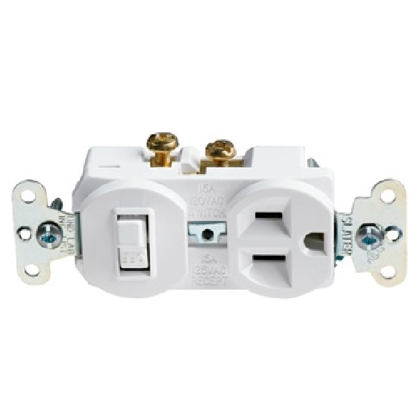 691WCC6 Combination Switch/Receptacle, 1 -Pole, 15 A, 120/125 V, NEMA: NEMA 5-15R, White