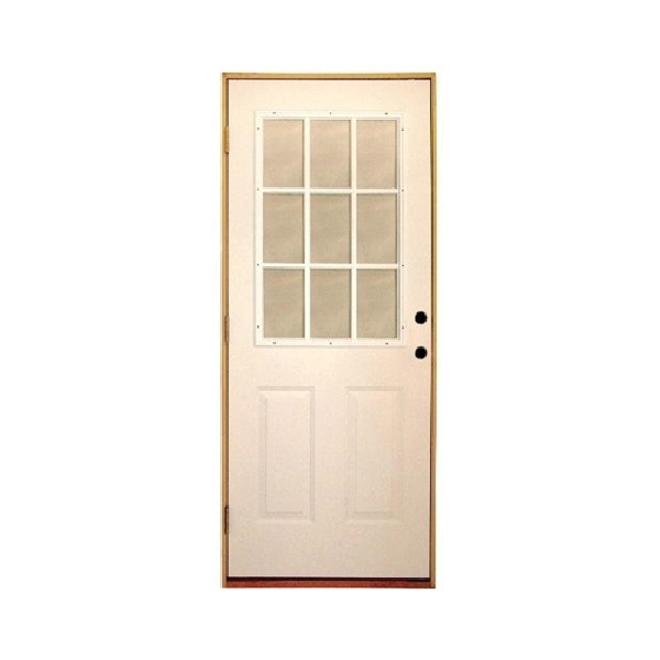 36 in x 80 in, Halfview, 9 Lite, 2 Panel, Steel, Outswing, Primed, Exterior Prehung Door, Right Hand, Yellow Zinc Hinges