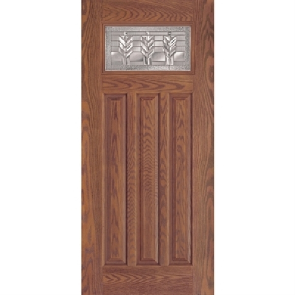 36 in x 80 in, Craftsman, Cameron, Medium Oak, 3 Panel, Fiberglass, Prehung Door, Left Hand, Satin Nickel Hinges, TDI