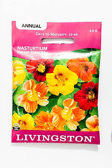 Y1310 Dwarf Jewel Mix Nasturtium Seed, Summer to Fall Bloom, Orange/Red/Salmon/Yellow Bloom, 3.5 g Pack
