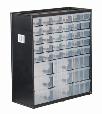 Stanley STST40739 Small Parts Cabinet, 14-3/8 in W, 8-3/8 in H, 39-Drawer, Polypropylene, Black