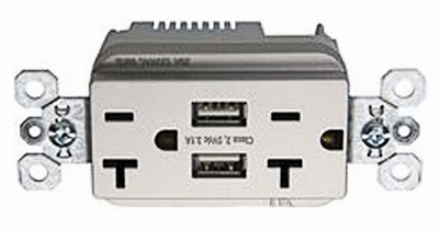 TM826USBNICCV4 Duplex Electrical Outlet, 15 A, 125 V, Side Wiring, NEMA: NEMA 5-15R