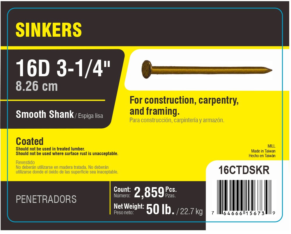 16CTDSKR Sinker Nail, 16D, 3-1/4 in L, Steel, Vinyl-Coated, Checkered, Countersunk Head, Smooth Shank, Gold, 50 lb