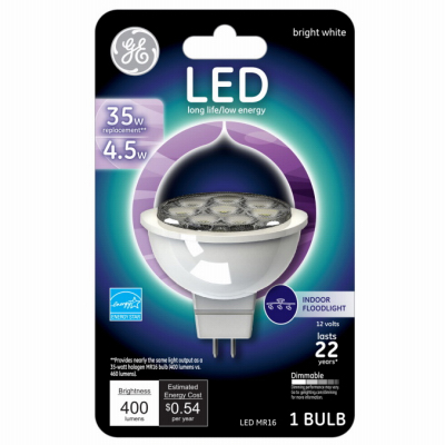 GE 93095554 LED Bulb, Flood/Spotlight, MR16 Lamp, 35 W Equivalent, Dimmable, Soft White Light