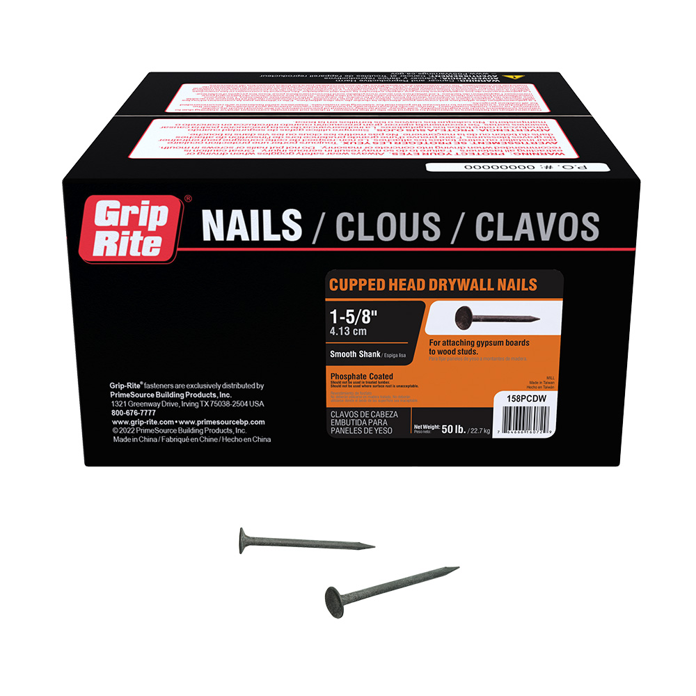 158PCDW Drywall Nail, 1-5/8 in L, Phosphate-Coated, Cupped Head, Smooth Shank, 50 lb