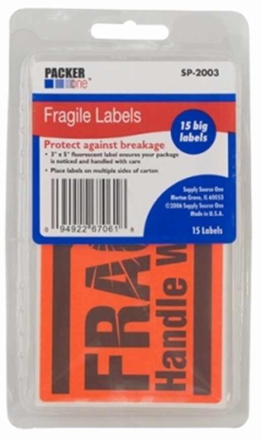 Supply Source One Packer One SP-2003 Sticker, 3 in L, 5 in W, Fragile