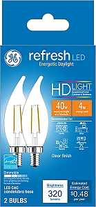 31425 LED Bulb, General Purpose, 40 W Equivalent, E12 Lamp Base, Dimmable, Clear, Daylight Light, 5000 K Color Temp
