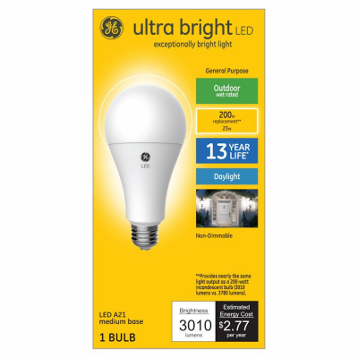 Ultra Bright 93128934 Light Bulb, A21 Lamp, 200 W Equivalent, Medium (E26) Lamp Base, Non-Dimmable, Daylight