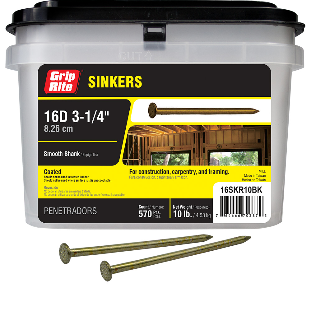 16SKR10BK Sinker Nail, 16D, 3-1/4 in L, Steel, Vinyl-Coated, Countersunk, Round Head, Smooth Shank, 570