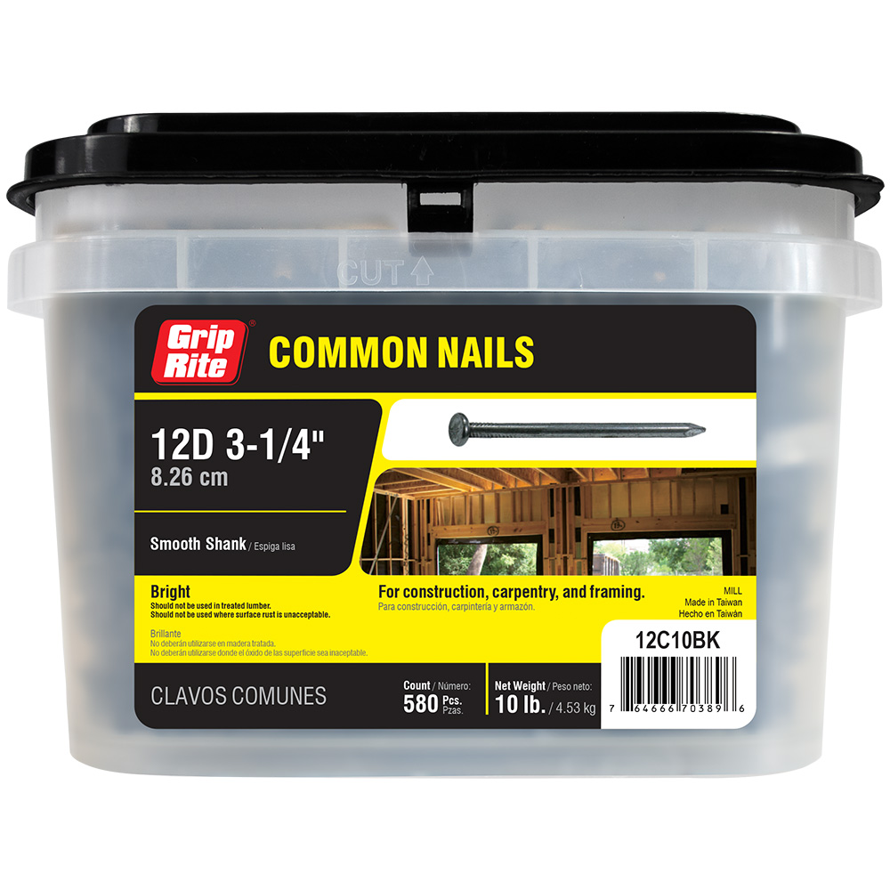 12C10BK Common Nail, 12D, 3-1/4 in L, Bright, Smooth Shank, 580