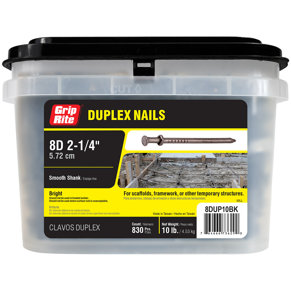 8DUP10BK Duplex Nail, 8D, 2-1/4 in L, Bright, Double Head, Smooth Shank, 10 lb